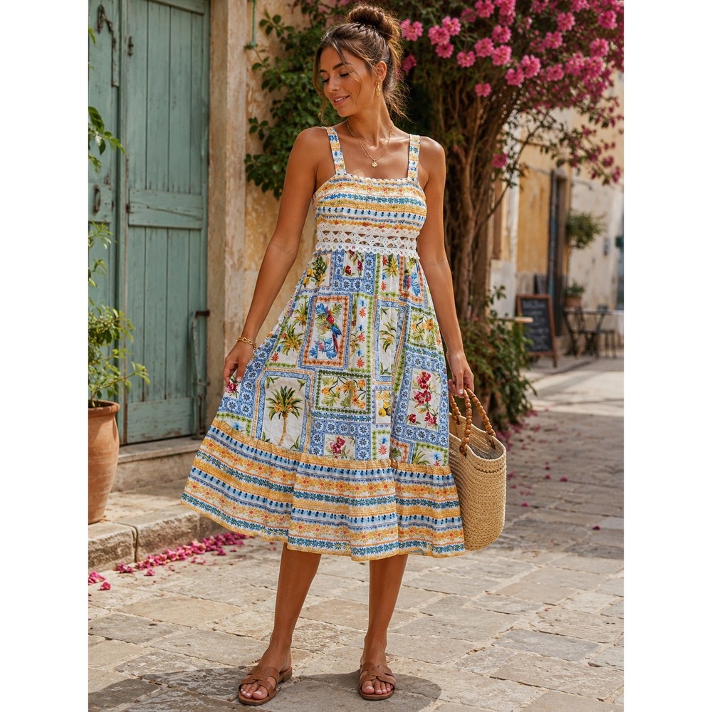CUPSHE Tropical Patchwork Midi Dress | NWT Crochet Waist Sundress | Size Large